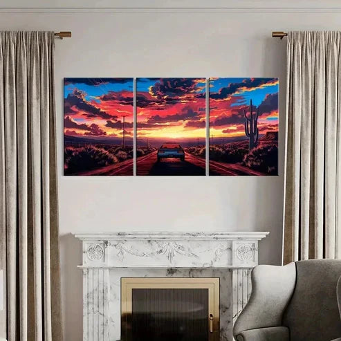 3pcs Sunset Strip & Sports Car Modern Wall Art Set Canvas Unframed - High Quality Print 100% Australian Made Wall Canvas