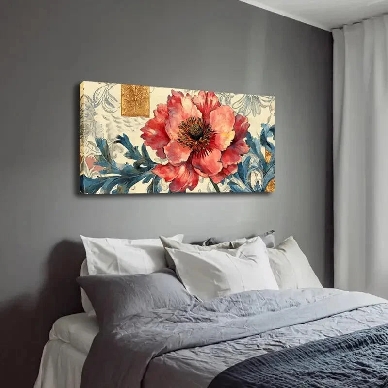 Vibrant Red Flower with Purple Wall Art Canvas Office Home Room Framed 120x60cm - Bella Home Decor