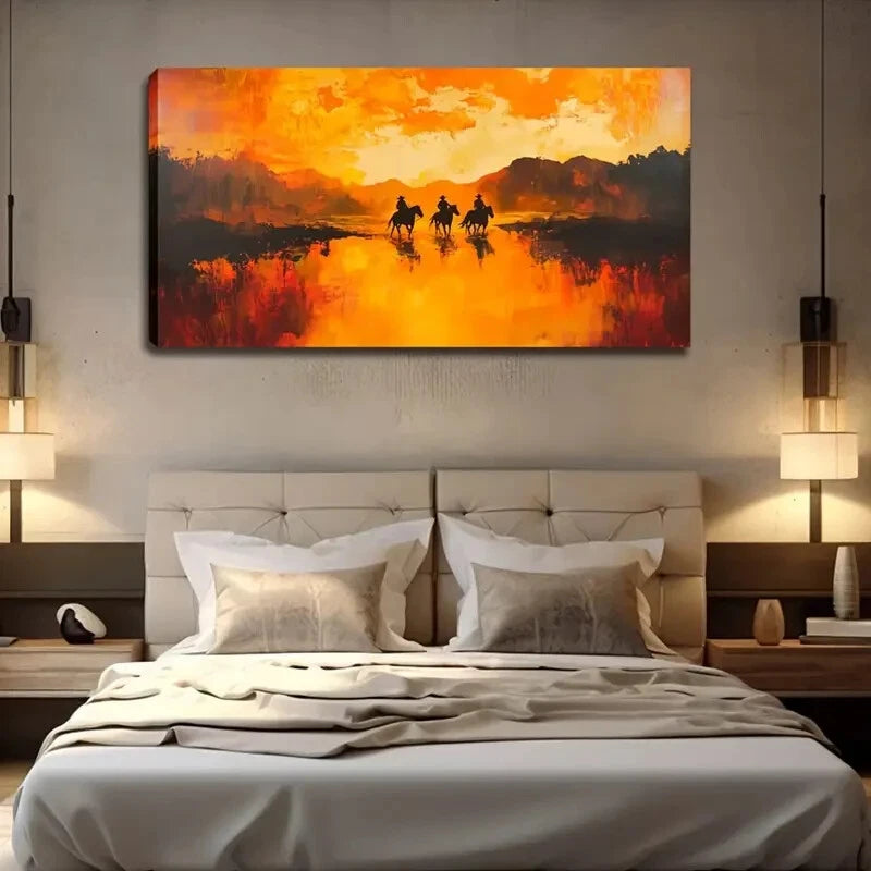 Sunset Horseback Riders Wall Art Canvas Office Home Room Framed 120x60cm - Bella Home Decor