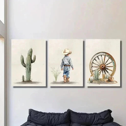 3pcs Green Cactus Cowboy Boy Desert Theme Art Set Canvas Unframed - High Quality Print 100% Australian Made Wall Canvas