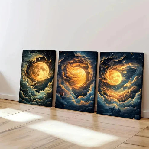 3pcs Night Sky Clouds Stunning Golden Moon Wall Art Set Canvas Unframed - High Quality Print 100% Australian Made Wall Canvas