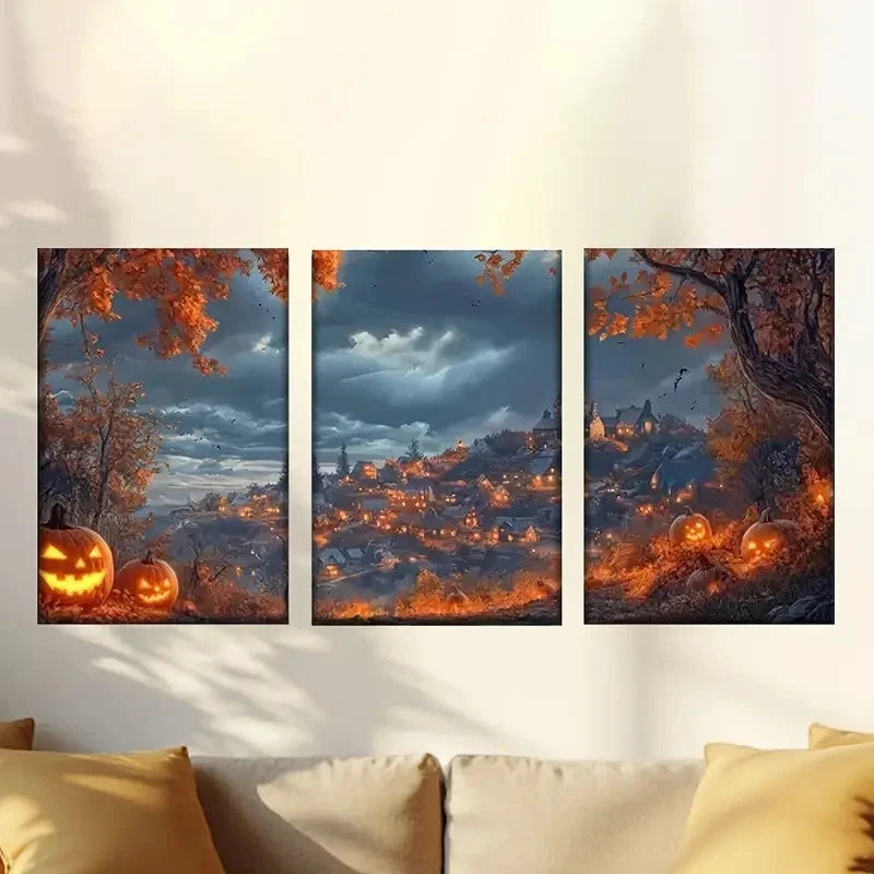 3pcs Halloween Theme with Pumpkins And Castle Wall Art Set Canvas Framed 50x70cm - High Quality Print 100% Australian Made Wall Canvas Ready to Hang