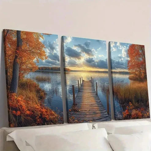 3pcs Lake Sunset Scene with Wooden Pier Wall Art Set Canvas Unframed - High Quality Print 100% Australian Made Wall Canvas