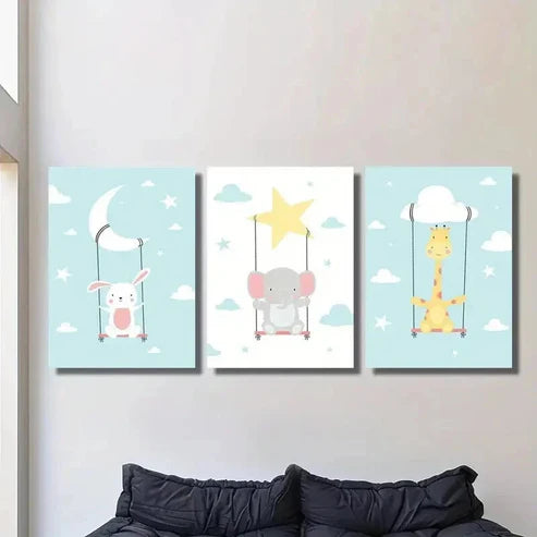 3pcs Rabbits Elephants Giraffes and Clouds Wall Art Set Canvas Unframed - High Quality Print 100% Australian Made Wall Canvas