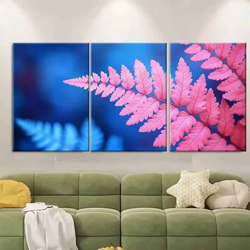 3pcs Tropical Fern Pink and Blue Leaf Metal Print Ready to Hang Art