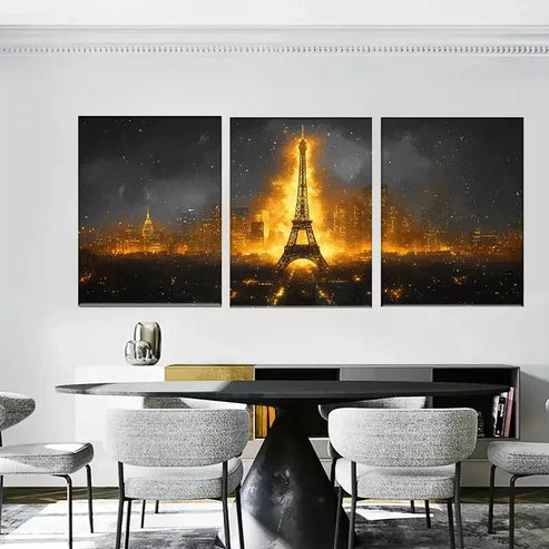3pcs The Eiffel Tower with a Golden Glow Wall Art Canvas Unframed - High Quality Print 100% Australian Made Wall Canvas