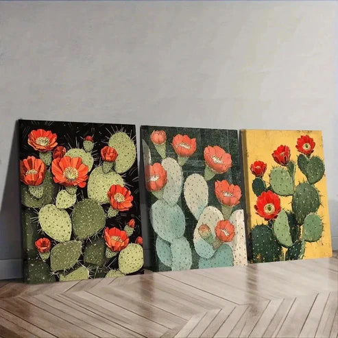 3pcs Featuring Blooming Cacti & Red Flowers Wall Art Set Canvas Unframed - High Quality Print 100% Australian Made Wall Canvas