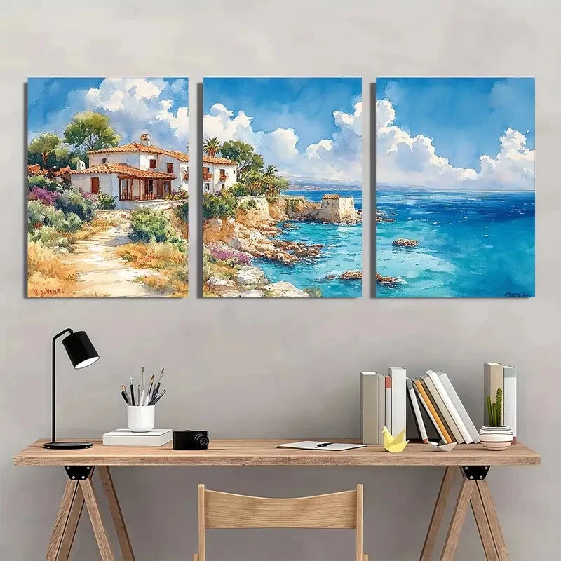 3pcs Coastal Landscape with Turquoise Waters Wall Art Set Canvas Framed 40x60cm - High Quality Print 100% Australian Made Wall Canvas Ready to Hang