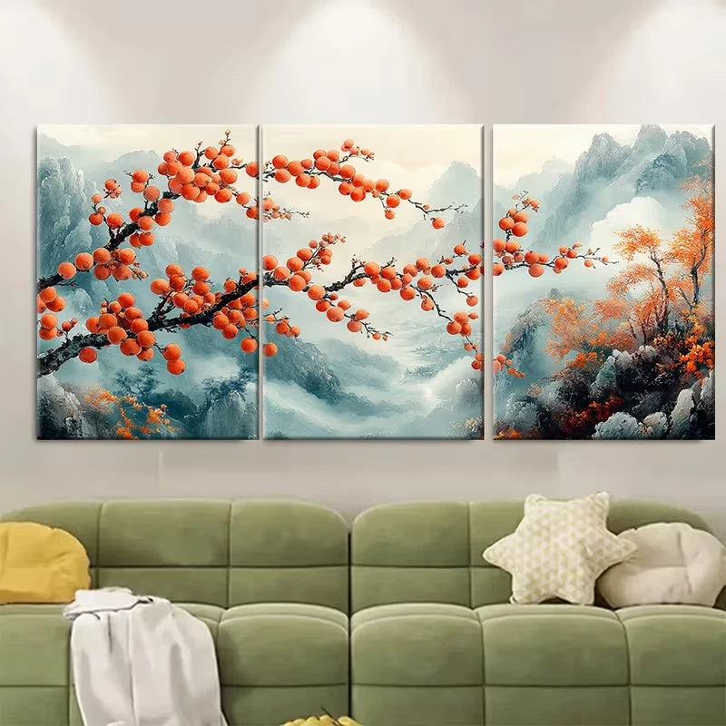 3pcs Persimmon Branch Ink Painting Traditional Metal Print Ready to Hang Art