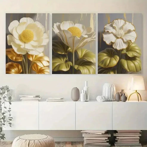 3pcs White Flowers, Golden Leaves Wall Art Set Canvas Unframed - High Quality Print 100% Australian Made Wall Canvas