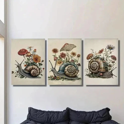 3pcs Vintage Snail Flower Mushroom Wall Art Canvas Unframed - High Quality Print 100% Australian Made Wall Canvas
