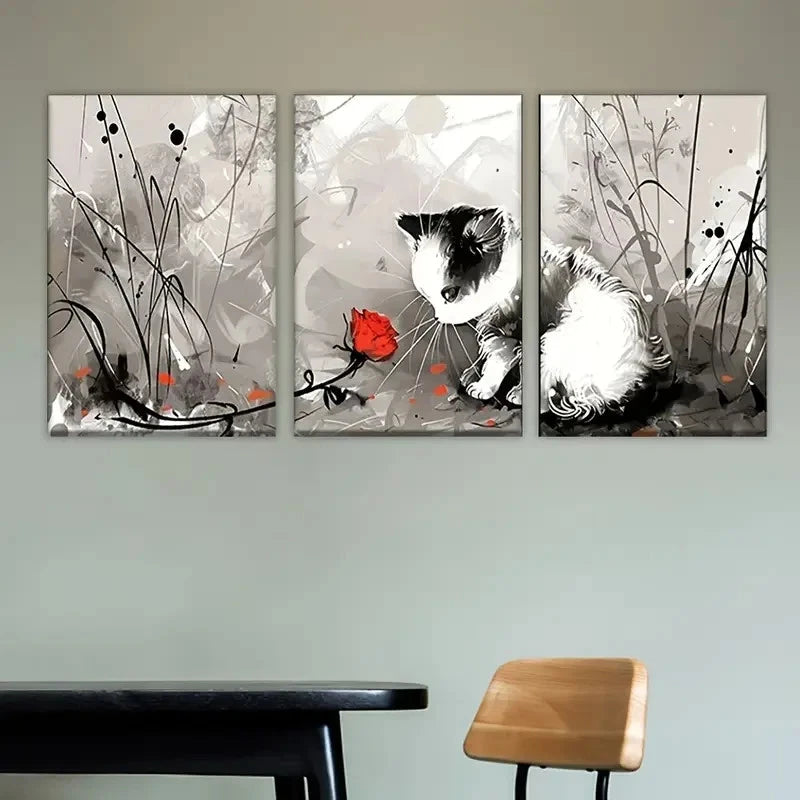 3pcs Whimsical Cat with Red Flower Wall Art Set Canvas Framed 40x60cm - High Quality Print 100% Australian Made Wall Canvas Ready to Hang - Bella Home Decor