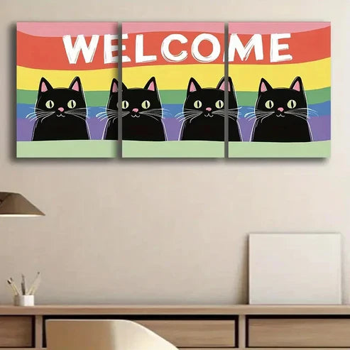 3pcs Welcome Kitty Design Colorful Cute Wall Art Set Canvas Unframed - High Quality Print 100% Australian Made Wall Canvas