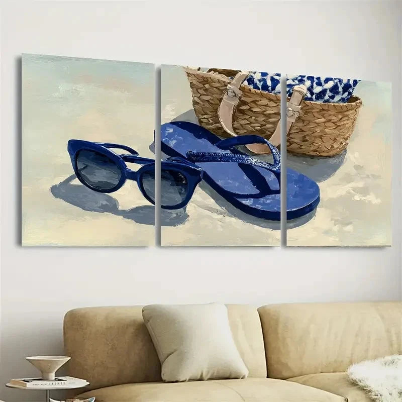 3pcs Navy Blue Glasses And Beach Flip Flops Wall Art Set Canvas Framed 60x90cm - High Quality Print 100% Australian Made Wall Canvas Ready to Hang