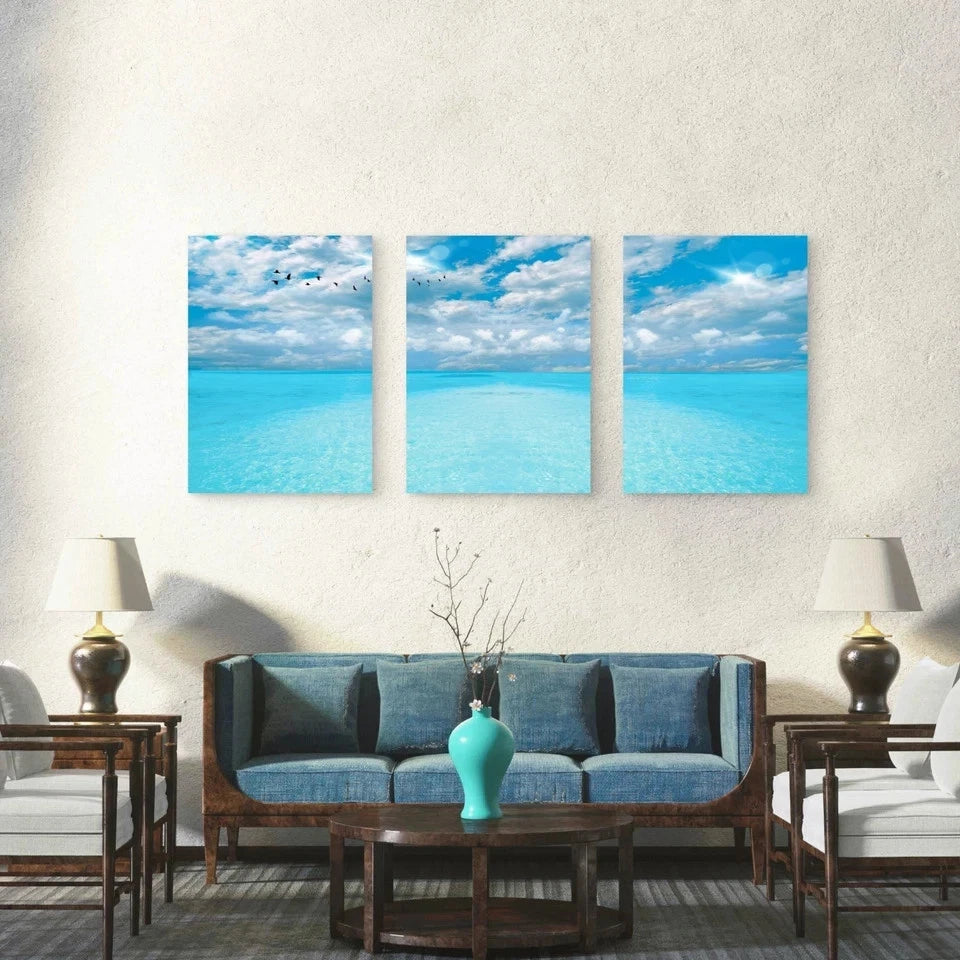 3pcs Tranquil Blue Waters Under Clouds Wall Art Set Canvas Framed 60x90cm - High Quality Print 100% Australian Made Wall Canvas Ready to Hang