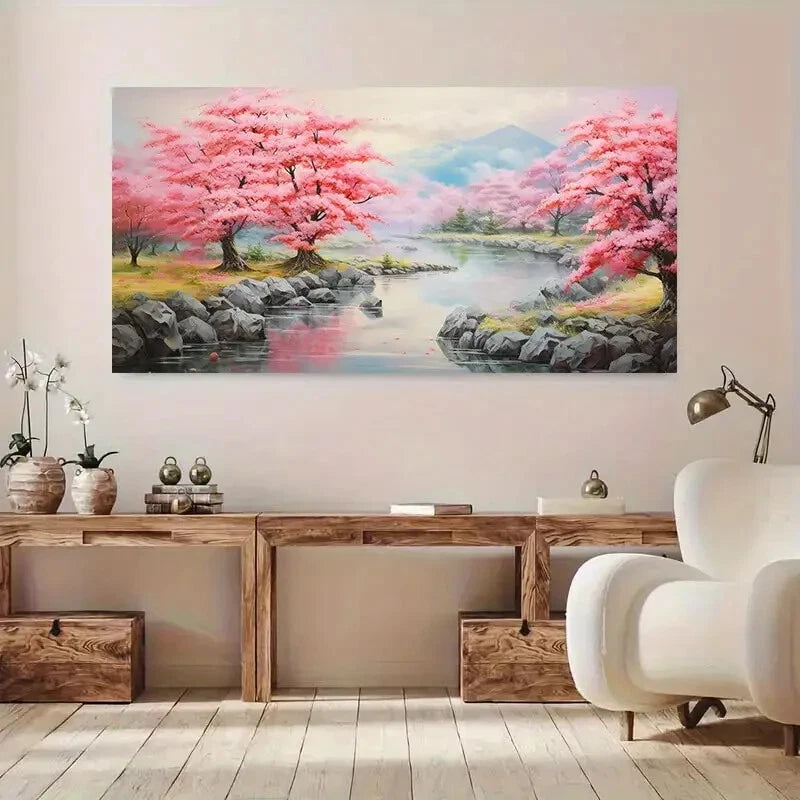 River Elegant Pink Treeswall canvas office home room framed 120x60cm - Bella Home Decor