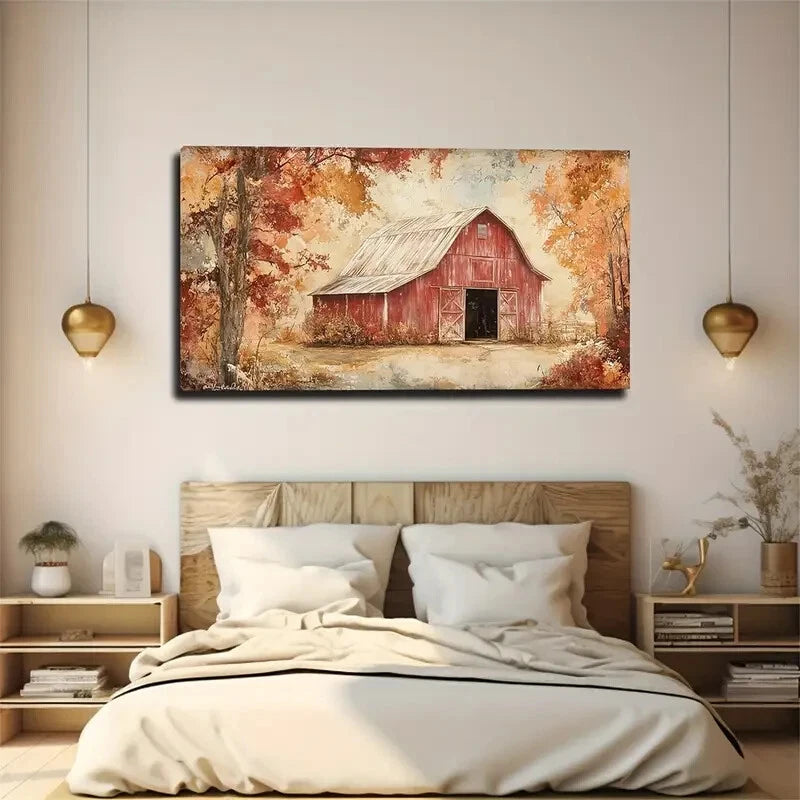 Red Barn Door Gray Roof Décor Wall Art Canvas Office Home Room Framed 120x60cm - Bella Home Decor