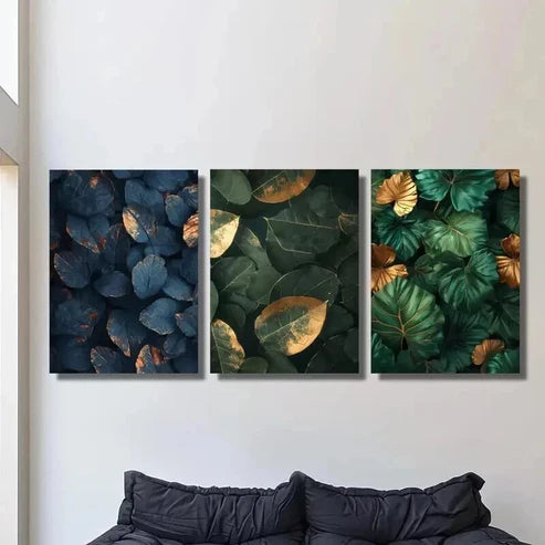3pcs Jungle & Green Leaves with Golden Accents Wall Art Canvas Unframed - High Quality Print 100% Australian Made Wall Canvas