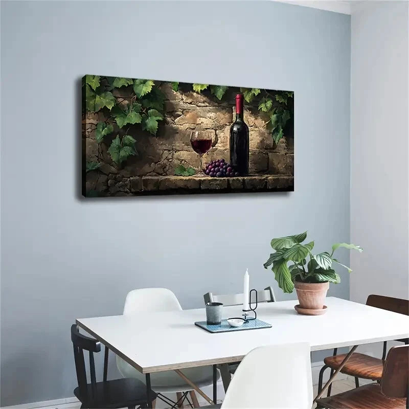 Stone Wall & Wine Bottle Grape Wall Art Canvas Office Home Room Framed 120x60cm - Bella Home Decor