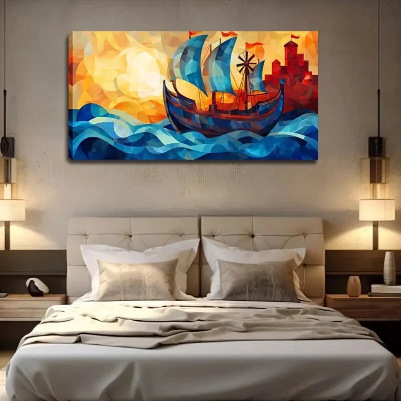 Blue Sailboat On Waves Décor Wall Art Canvas Office Home Room Framed 120x60cm - Bella Home Decor