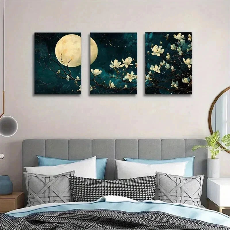 3pcs Dark Teal And Golden Botanical Decor Wall Art Set Canvas Framed 50x70cm - High Quality Print 100% Australian Made Wall Canvas Ready to Hang - Bella Home Decor