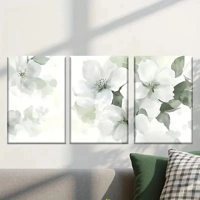 3pcs White Flower with Green Leaves Wall Art Set Canvas Framed 40x60cm - High Quality Print 100% Australian Made Wall Canvas Ready to Hang