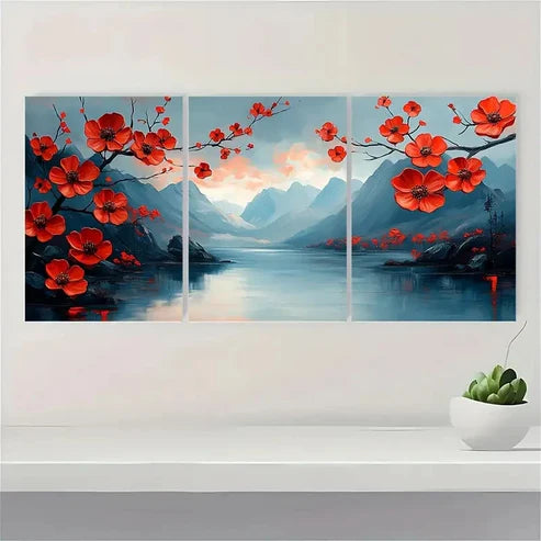 3pcs Abstract Red Flower Mountain KL Wall Art Canvas Unframed - High Quality Print 100% Australian Made Wall Canvas - Bella Home Decor