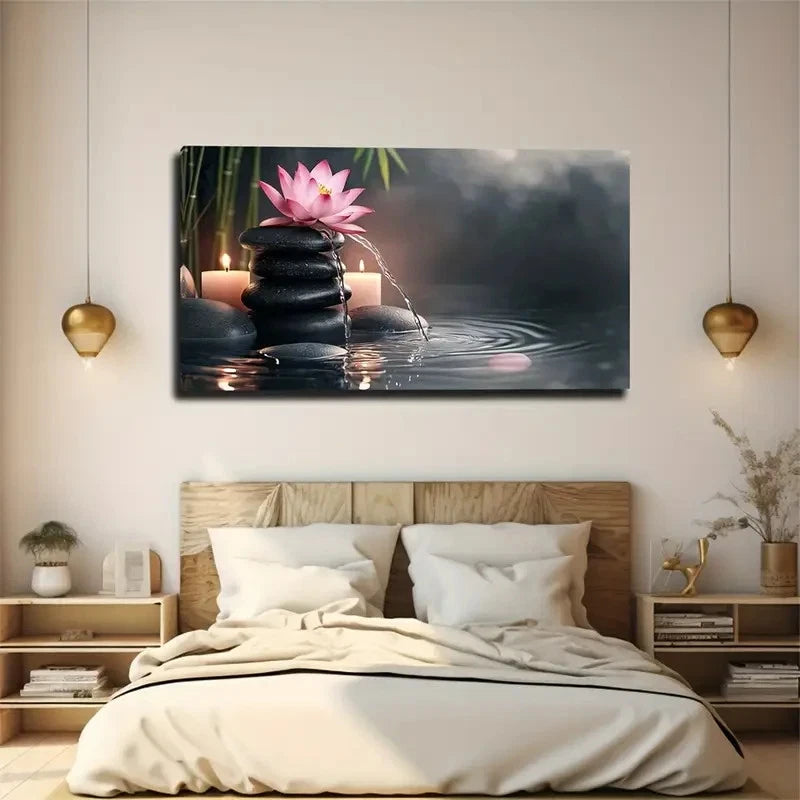 Pink for Lotus Blossom Pebble Wall Art Canvas Office Home Room Framed 120x60cm