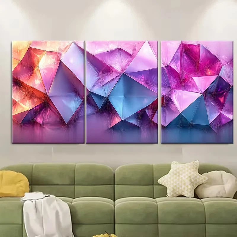 3pcs Abstract Pink and Purple Geometric Metal Print Ready to Hang Art