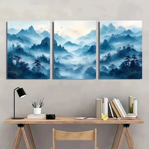 3pcs Chinese Style Blue Mountain Landscape Wall Art Canvas Unframed - High Quality Print 100% Australian Made Wall Canvas - Bella Home Decor