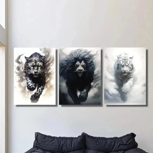 3pcs Black Cheetah Lion & White Tiger Wall Art Set Canvas Unframed - High Quality Print 100% Australian Made Wall Canvas - Bella Home Decor