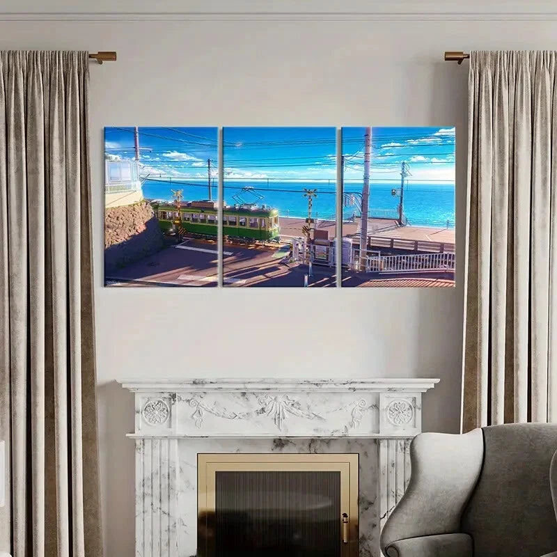 3pcs Seaside Town Landscape & Tram Wall Art Set Canvas Framed 60x90cm - High Quality Print 100% Australian Made Wall Canvas Ready to Hang - Bella Home Decor