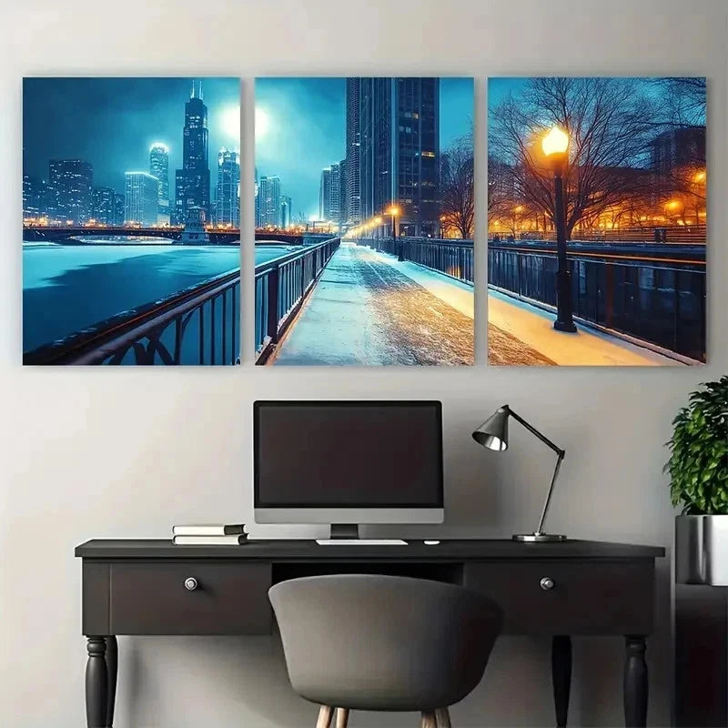 3pcs Chicago Skyline Vibrant Cityscape Perfect Wall Art Set Canvas Framed 50x70cm - High Quality Print 100% Australian Made Wall Canvas Ready to Hang - Bella Home Decor