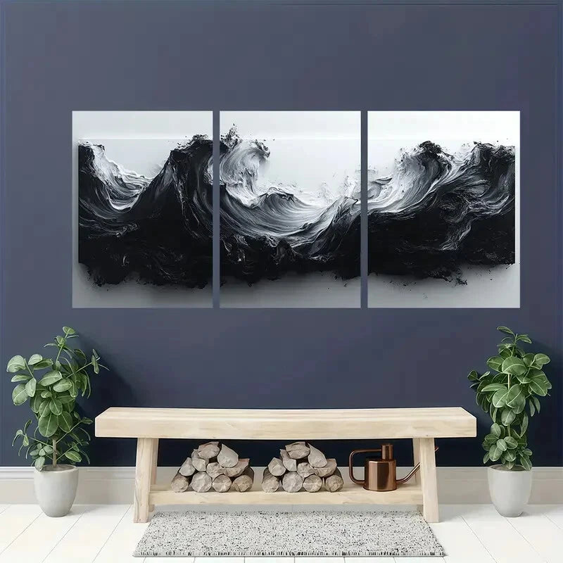 3pcs Abstract Black and White Modern Fluid Wall Art Set Canvas Framed 40x60cm - High Quality Print 100% Australian Made Wall Canvas Ready to Hang