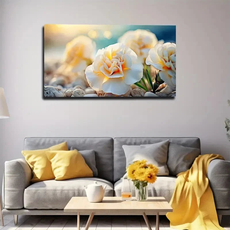 Serene White Flowers Wall Art Canvas Office Home Room Framed 120x60cm