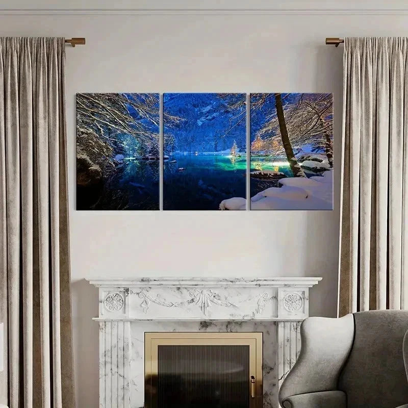 3pcs Snow Scene Nature Landscape Lake Wall Art Set Canvas Framed 50x70cm - High Quality Print 100% Australian Made Wall Canvas Ready to Hang - Bella Home Decor