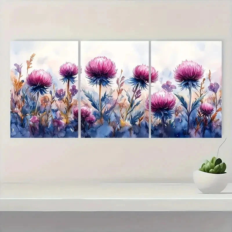 3pcs Thistle Watercolor Painting - Scottish TW Wall Art Set Canvas Framed 60x90cm - High Quality Print 100% Australian Made Wall Canvas Ready to Hang - Bella Home Decor