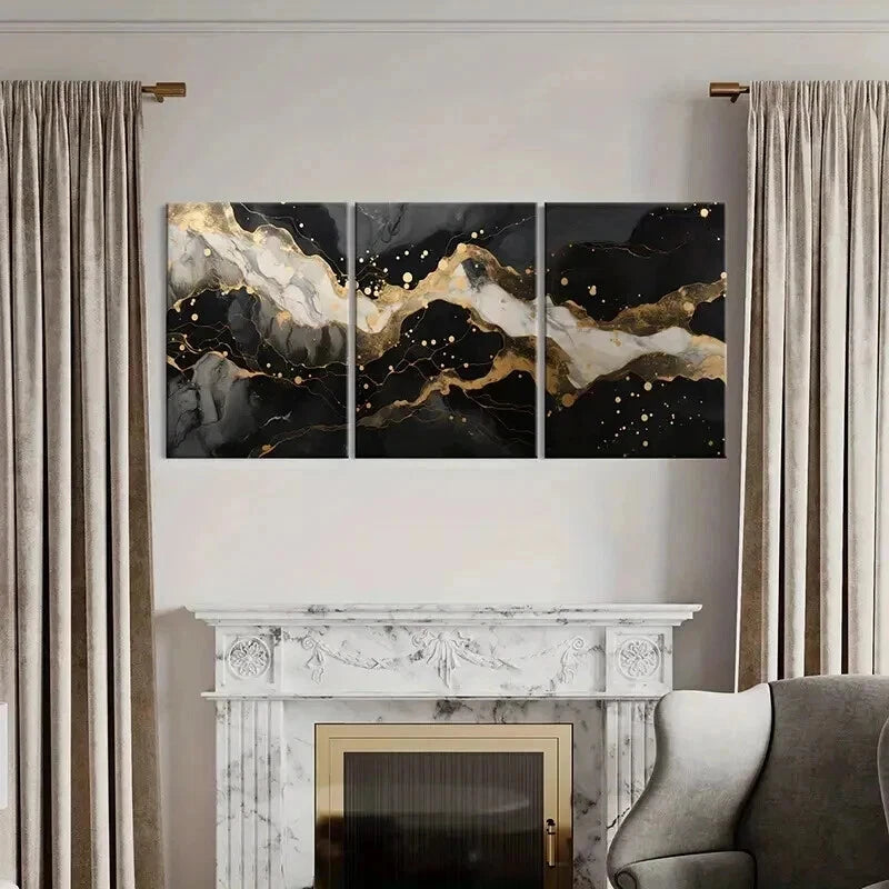 3pcs Abstract Black Gold Marble Texture Wall Art Set Canvas Framed 40x60cm - High Quality Print 100% Australian Made Wall Canvas Ready to Hang - Bella Home Decor