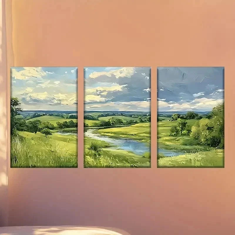 3pcs Painting of a River in a Field Wall Art Set Canvas Framed 50x70cm - High Quality Print 100% Australian Made Wall Canvas Ready to Hang