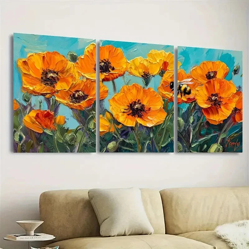 3pcs Orange Poppies & Bumblebees on Blue Floral Wall Art Set Canvas Framed 60x90cm - High Quality Print 100% Australian Made Wall Canvas Ready to Hang