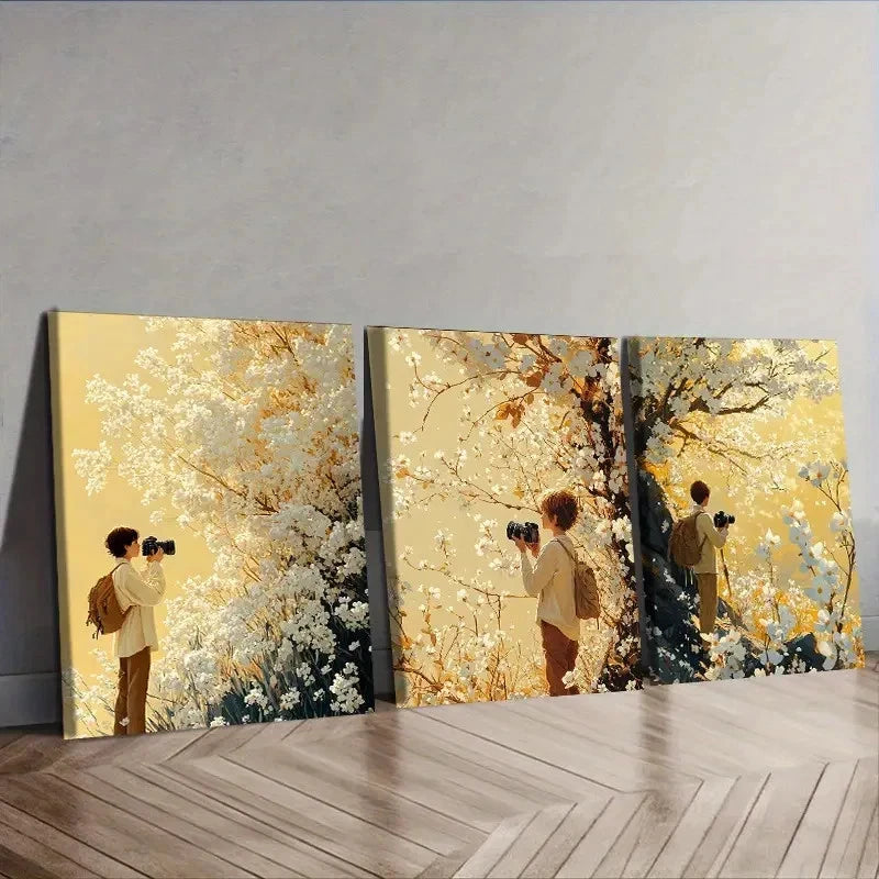 3pcs male cameraman holds the camera Wall Art Set Canvas Framed 60x90cm - High Quality Print 100% Australian Made Wall Canvas Ready to Hang - Bella Home Decor
