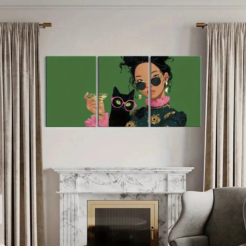 3pcs Woman Fashion Glasses, Green Background Wall Art Set Canvas Framed 40x60cm - High Quality Print 100% Australian Made Wall Canvas Ready to Hang