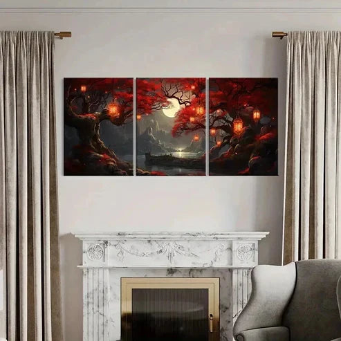 3pcs Moon River Mountains Trees Retro Wall Art Canvas Unframed - High Quality Print 100% Australian Made Wall Canvas