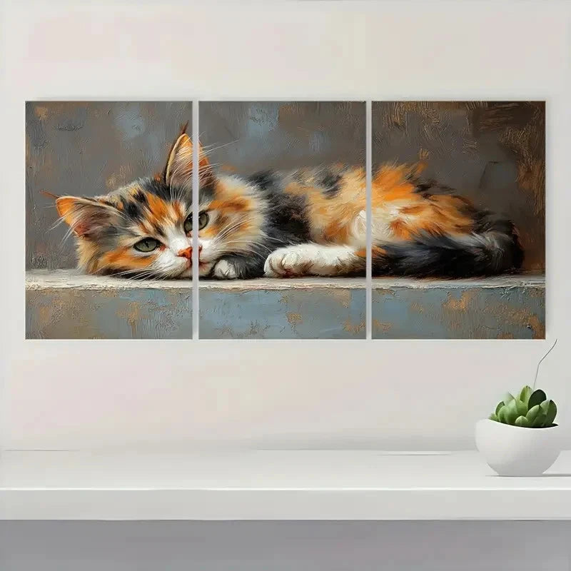 3pcs Calico Cat Vibrant Colors VC Framed Wall Art Set Canvas Framed 50x70cm - High Quality Print 100% Australian Made Wall Canvas Ready to Hang - Bella Home Decor