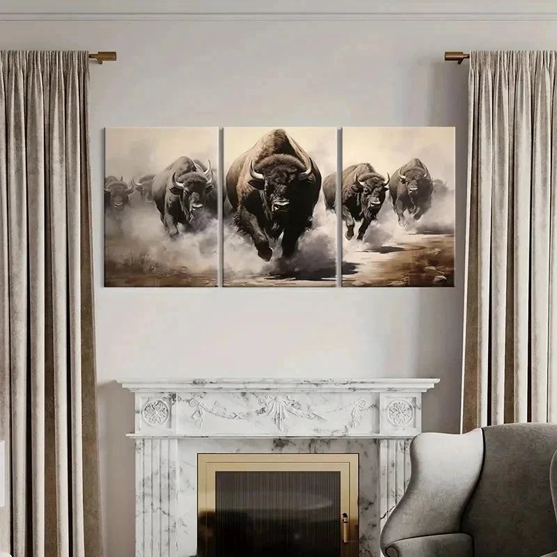 3pcs Running Bison Group Animal Painting Wall Art Set Canvas Framed 60x90cm - High Quality Print 100% Australian Made Wall Canvas Ready to Hang