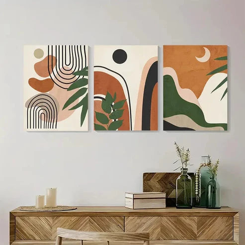 3pcs Abstract Geometric & Botanical Wall Art Set Canvas Unframed - High Quality Print 100% Australian Made Wall Canvas - Bella Home Decor