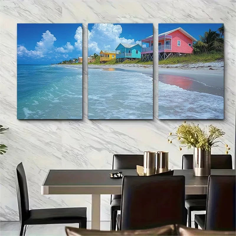 3pcs Vibrant Beach House Coastal Colorful Seaside Metal Print Ready to Hang Art