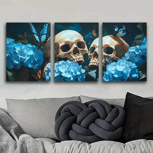 3pcs Skulls and Blue Flowers with Butterflies Wall Art Set Canvas Unframed - High Quality Print 100% Australian Made Wall Canvas