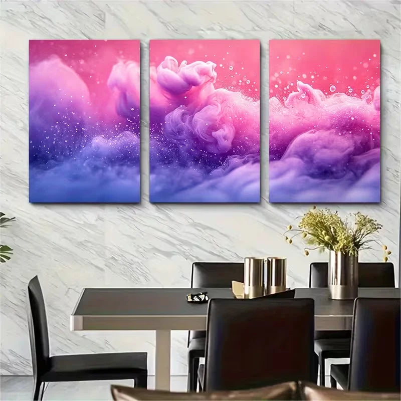 3pcs Pink Purple Abstract Vibrant Ink Drops Metal Print Ready to Hang Art