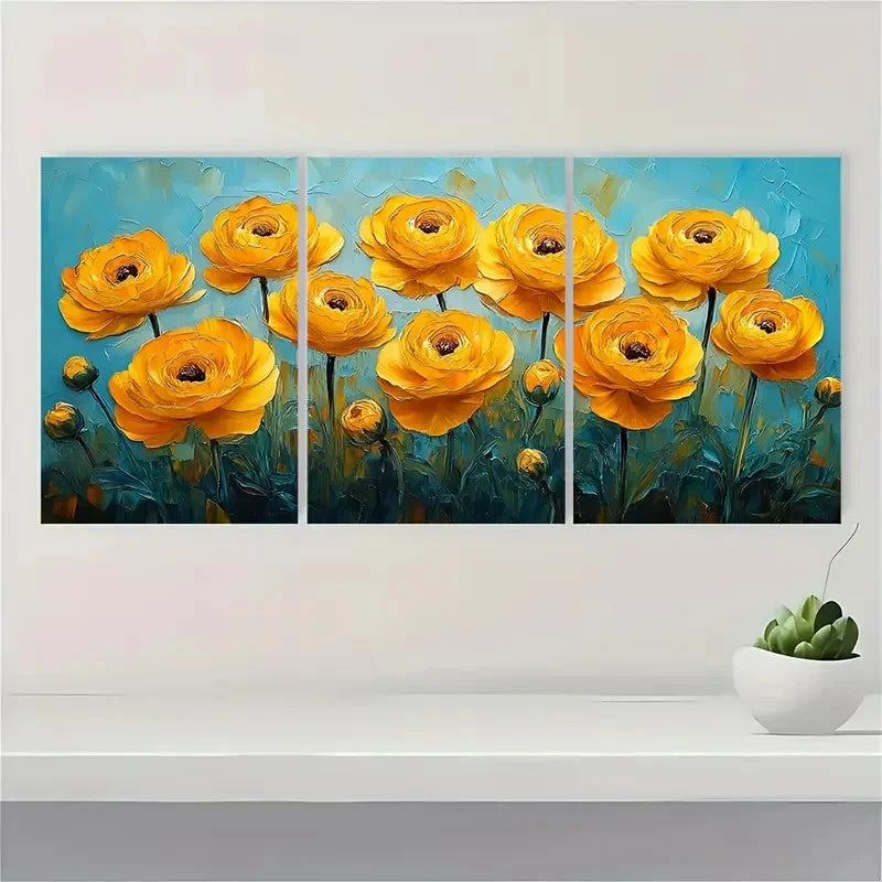 3pcs Yellow Ranunculus Painting Flowers YR Wall Art Set Canvas Framed 50x70cm - High Quality Print 100% Australian Made Wall Canvas Ready to Hang - Bella Home Decor